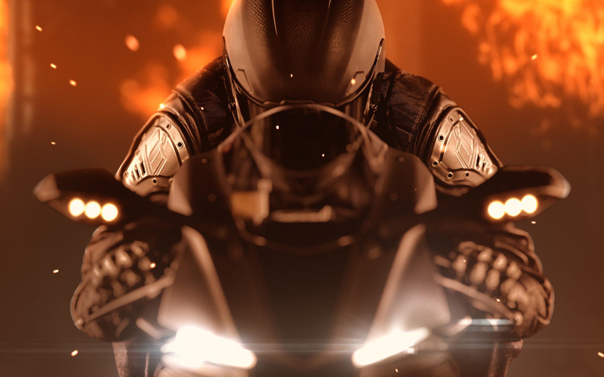 close-up of front end of motorcycle with rider in tucked down position, with stylized flames around and behind