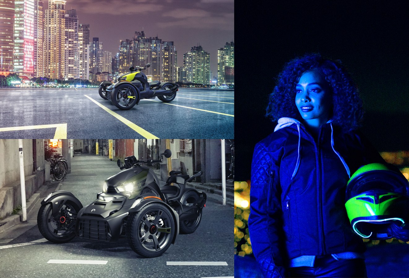 collage of Can Am Rykers in night time cityscapes