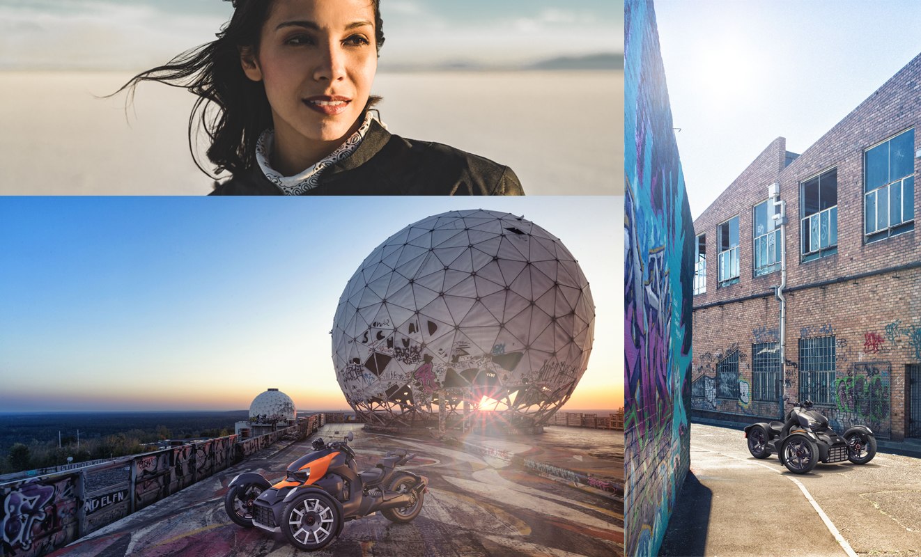 collage of Can Am Rykers parked in various cityscapes