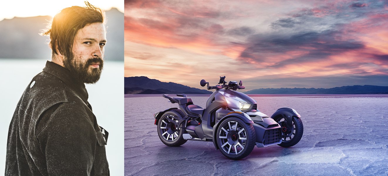 collage left to right of rider looking over shoulder at camera and silver Can Am Ryker parked in desert at sunset