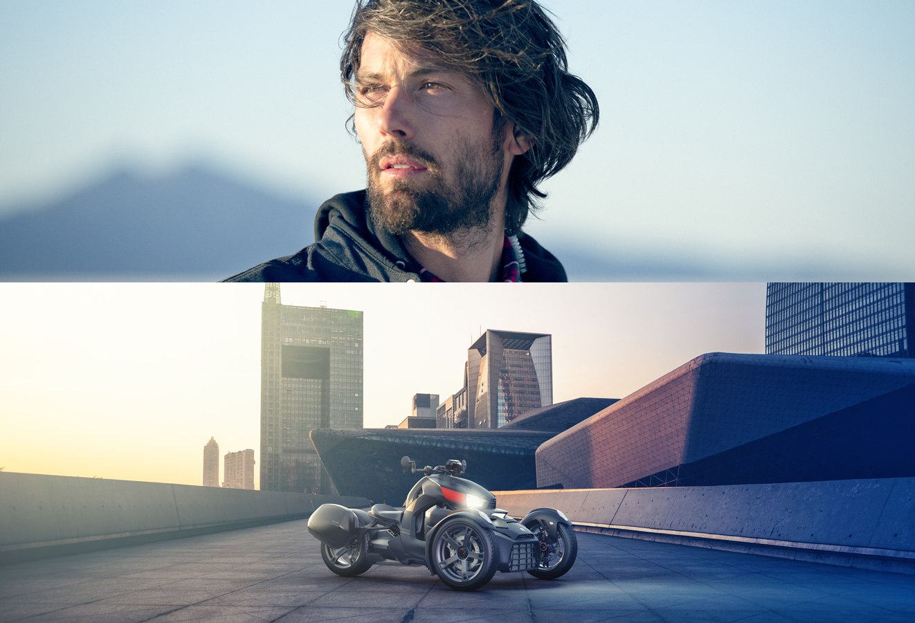 collage top to bottom of close up of rider facing the wind and red black Can Am Ryker on city roof