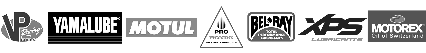 horizontal collage of oil brands used and sold at Richmond Honda House: from left to right, VP Racing, Yama Lube, Motul, Pro Honda, Bel Ray, XPS, Motorex