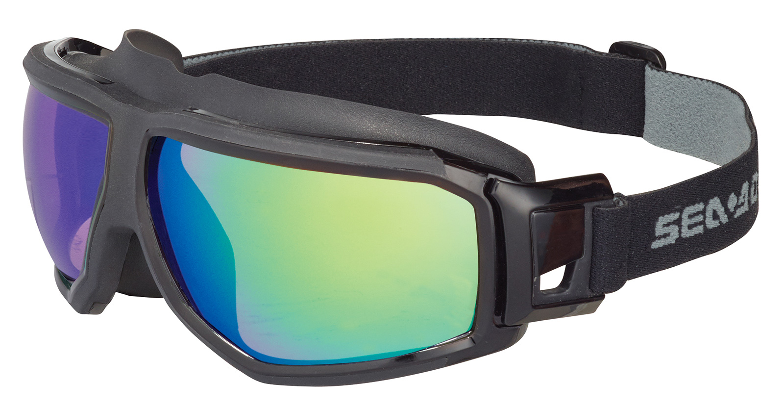 close up of Sea Doo goggles with multicolored lens and black strap