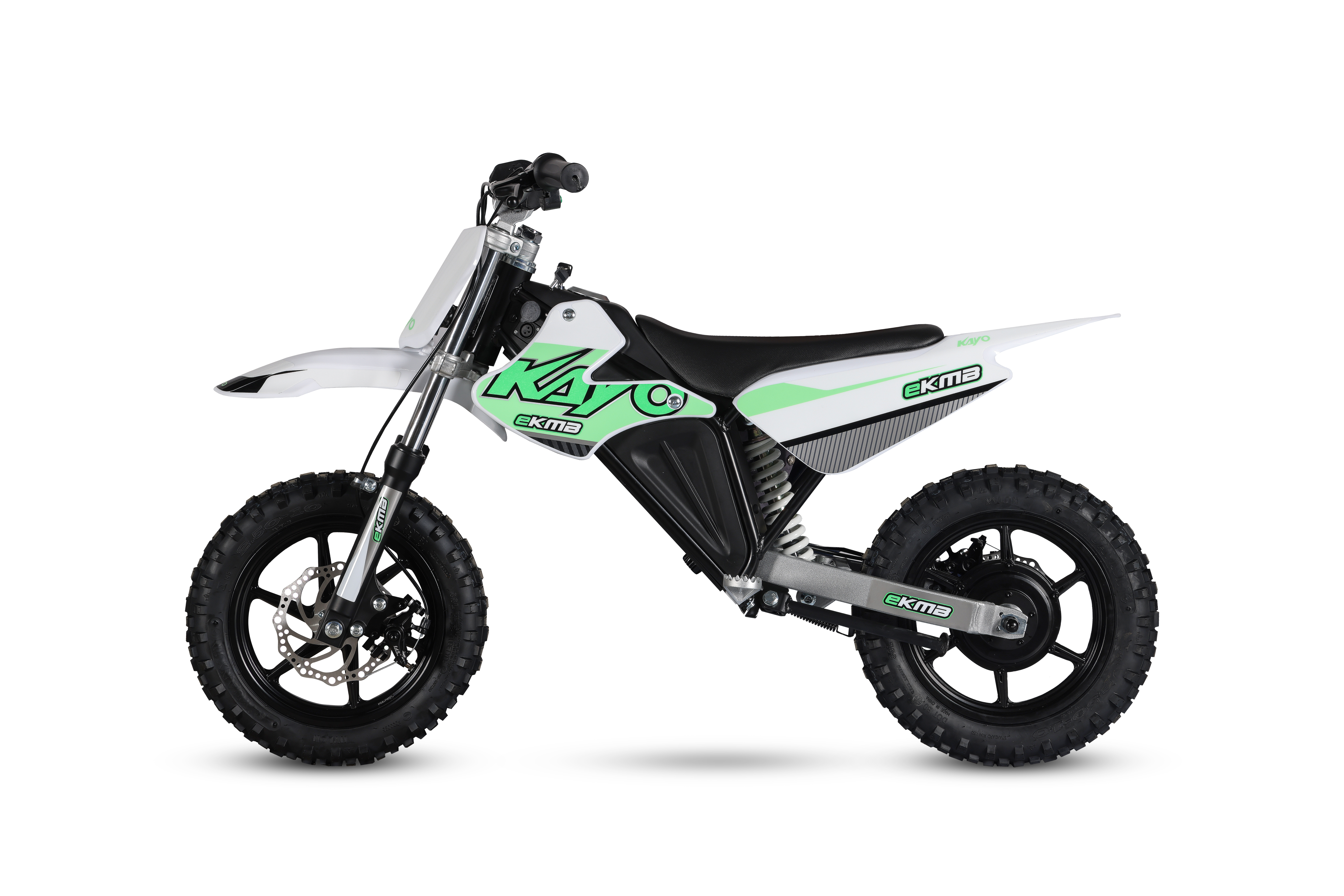 Side View of 2024 Kayo EKMB Dirt Bike with Green Graphics